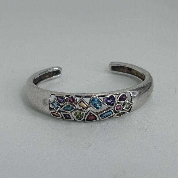 925 Sterling Silver Cuff Bracelet Women's Multicolor Multi Gemstone Crystals - Picture 5 of 5
